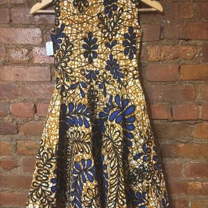 Sleeveless Fit-and-Flare African Wax Print Dress in Mustard & Royal Blue